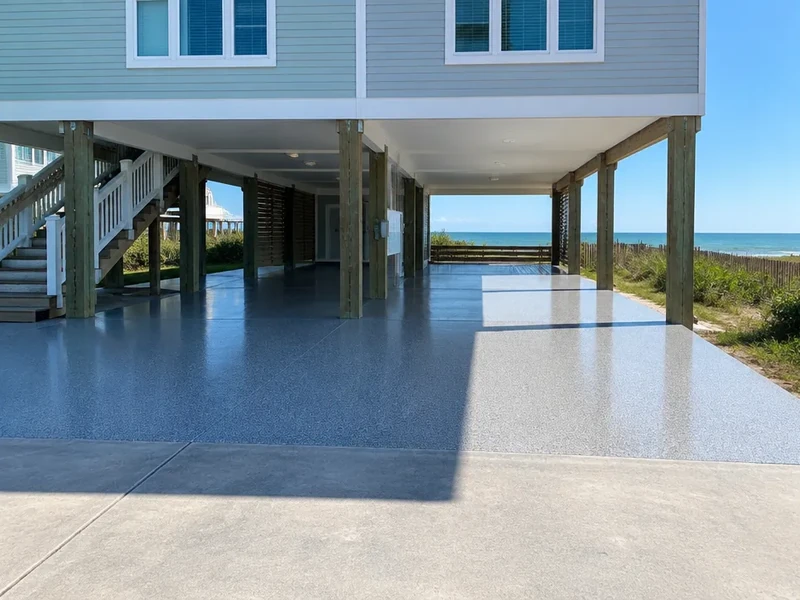 Polyaspartic coating on a sunny parking pad under a raised home in Garden City, SC