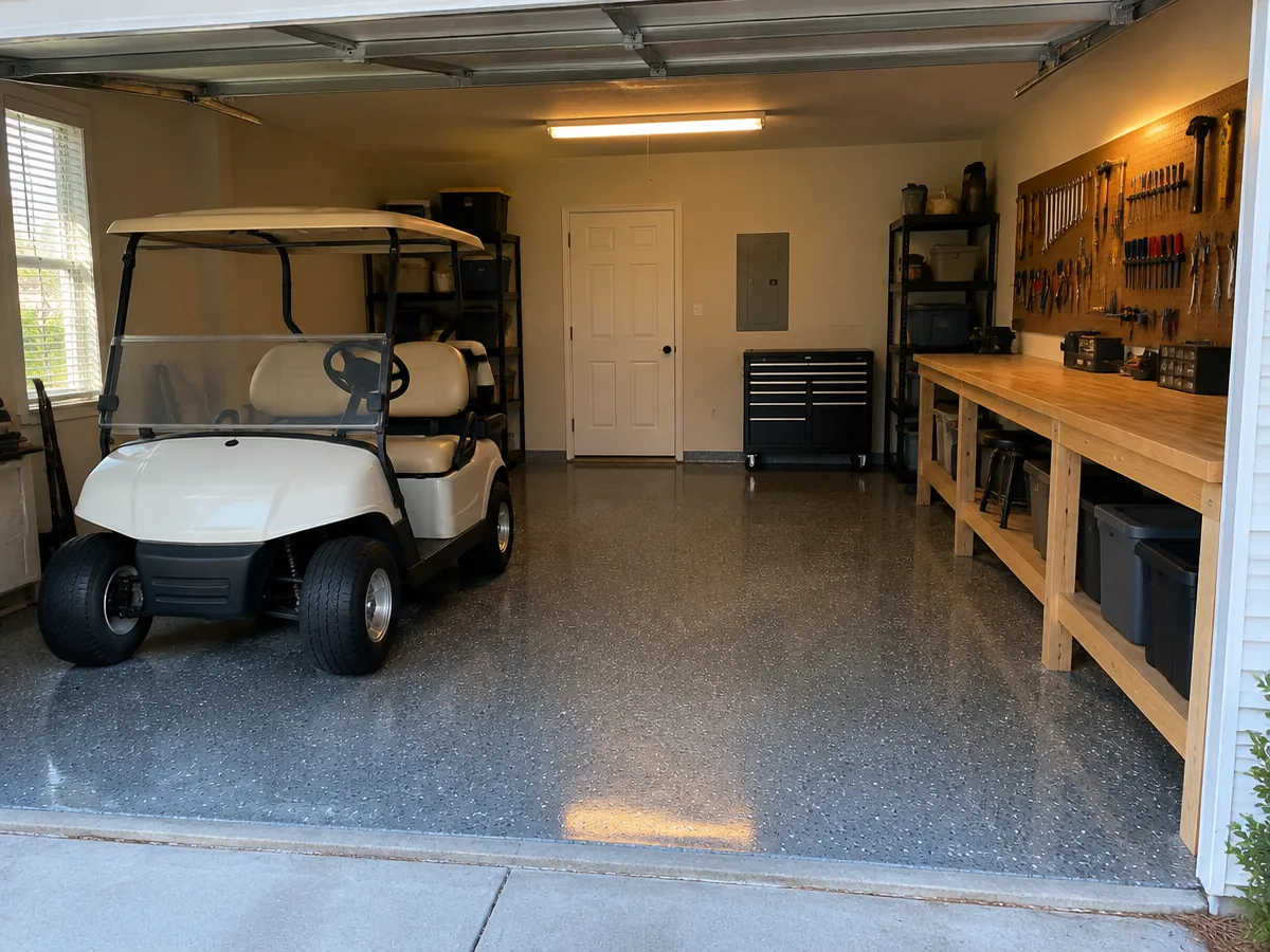 Polyaspartic coating on a workshop and golf cart storage floor in Myrtle Beach, SC