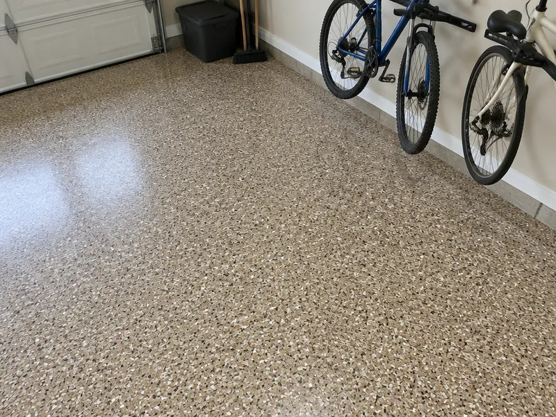 Full polyaspartic flake garage floor in tan and brown in Myrtle Beach, SC