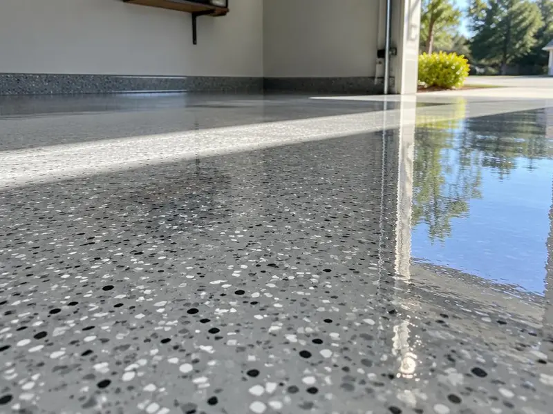 Polyaspartic Floor Coating in Myrtle Beach, SC: glossy topcoat over a light gray flake garage floor