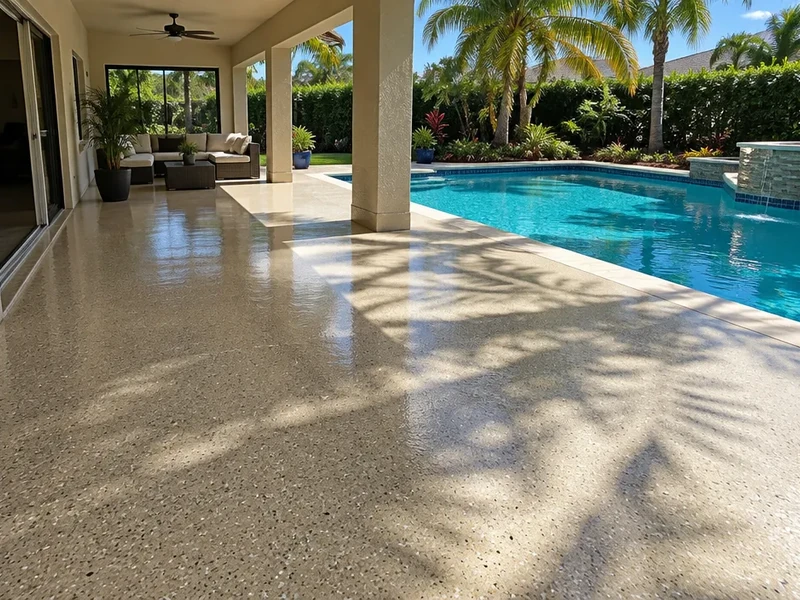 Polyaspartic coating on a sunny open lanai in North Myrtle Beach, SC