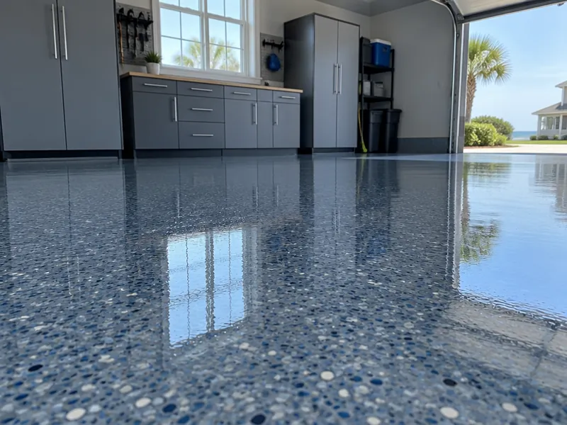 Polyaspartic topcoat over an epoxy flake floor in a Myrtle Beach, SC garage