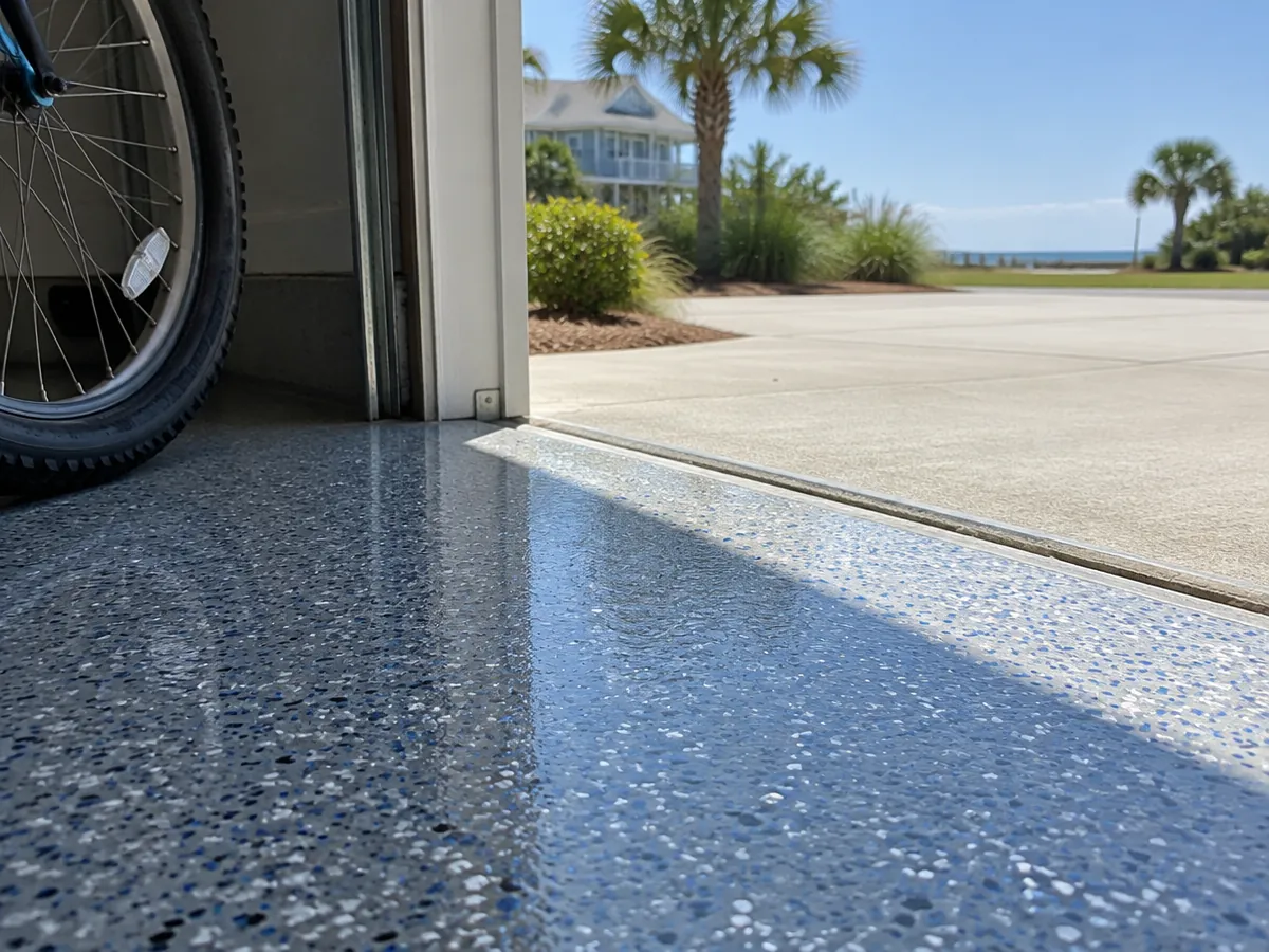 Polyaspartic vs epoxy garage floor: coated floor at the sunny door line of a Myrtle Beach, SC garage