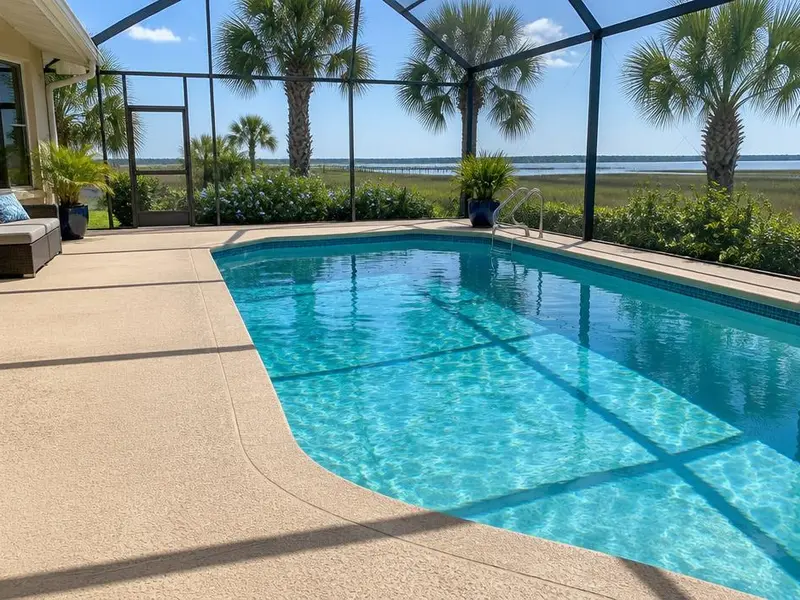 Pool Deck Coating in Myrtle Beach, SC: textured tan coating on a residential pool deck