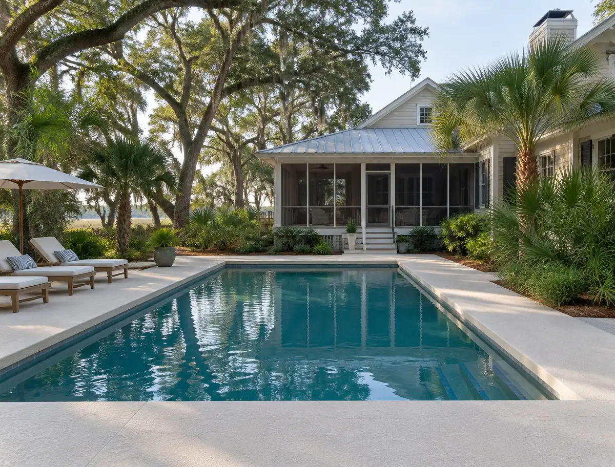 Pool deck coating in Pawleys Island, SC: light textured deck around a private pool