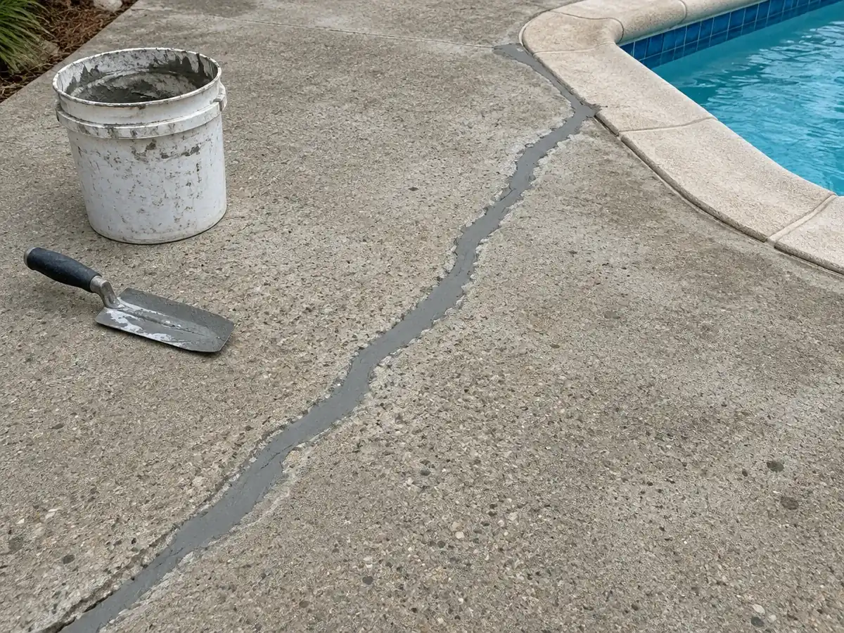 Pool deck crack repair before coating in Myrtle Beach, SC