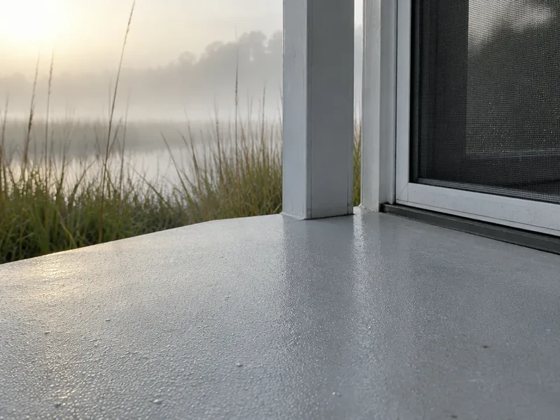 Porch coating in Murrells Inlet, SC: coated porch slab with morning dew near the marsh