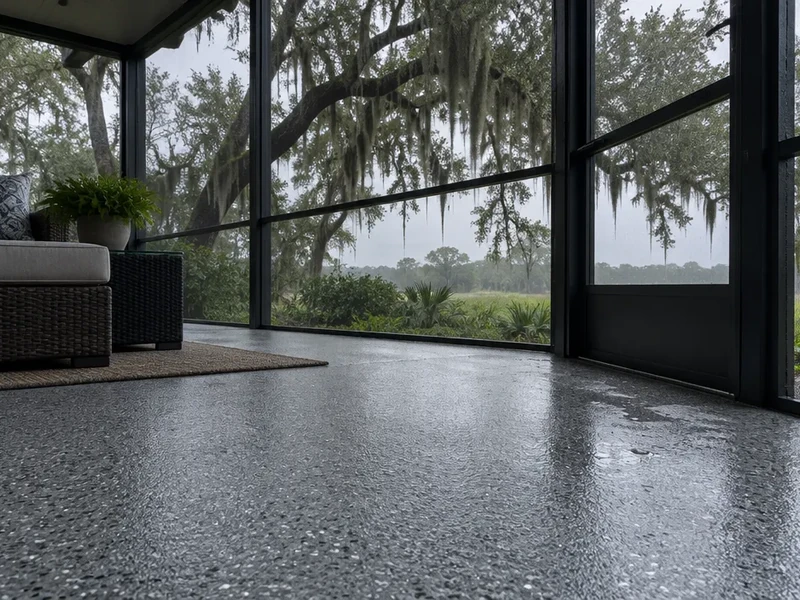 Porch coating in Pawleys Island, SC: textured gray floor on a shaded screened porch