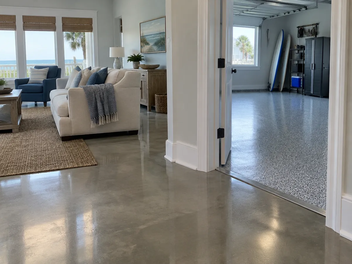 Residential and commercial floor coating services: gray epoxy floor in a small Myrtle Beach, SC shop