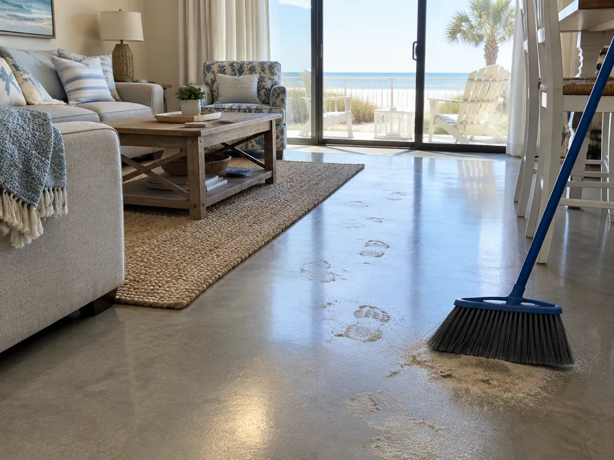 Residential polished concrete floor in an open kitchen in Myrtle Beach, SC