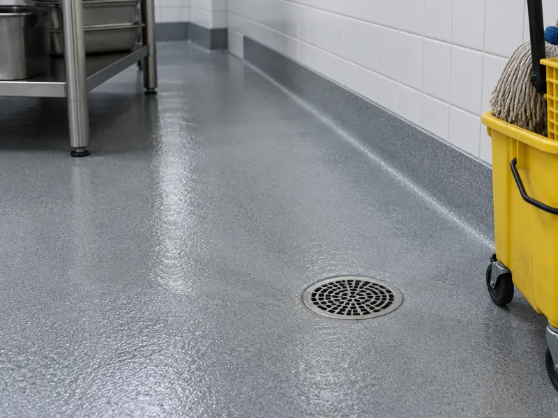 Restaurant epoxy flooring with a floor drain and coved base in Myrtle Beach, SC
