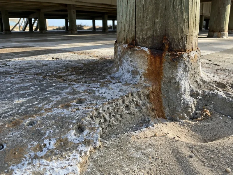 Salt-pitted bare concrete under a raised home before floor coating in Surfside Beach, SC