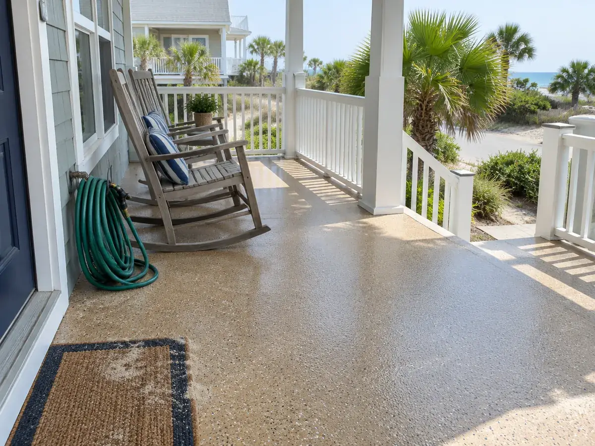 Epoxy porch floor on a screened porch with rocking chairs in Myrtle Beach, SC