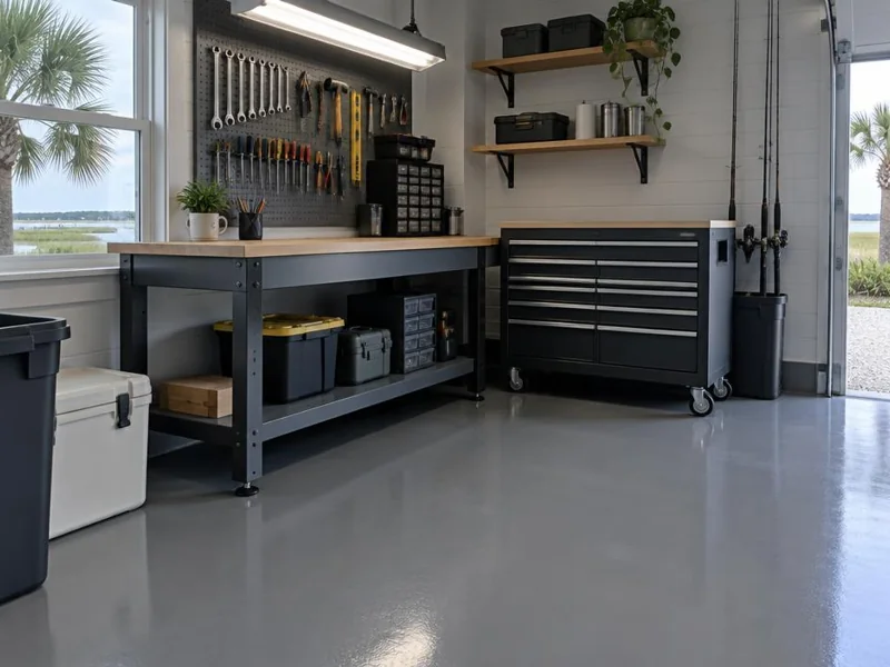 Solid gray epoxy garage floor coating in a workshop garage in Myrtle Beach, SC