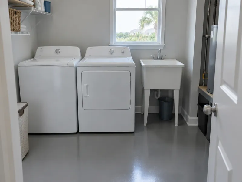 Solid gray polyaspartic floor in a laundry and utility room in Myrtle Beach, SC