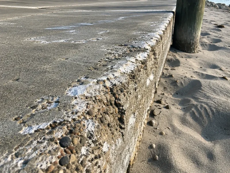 Spalled concrete edge on a parking pad before repair in Garden City, SC