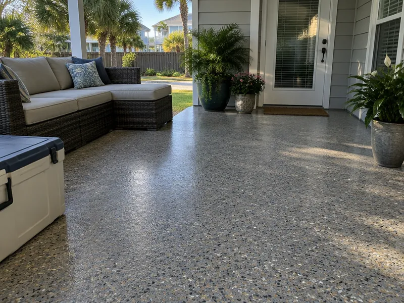 Textured epoxy patio floor in full sun in Myrtle Beach, SC