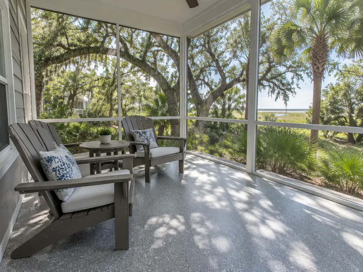 UV-stable polyaspartic coating on a screened porch floor in Myrtle Beach, SC