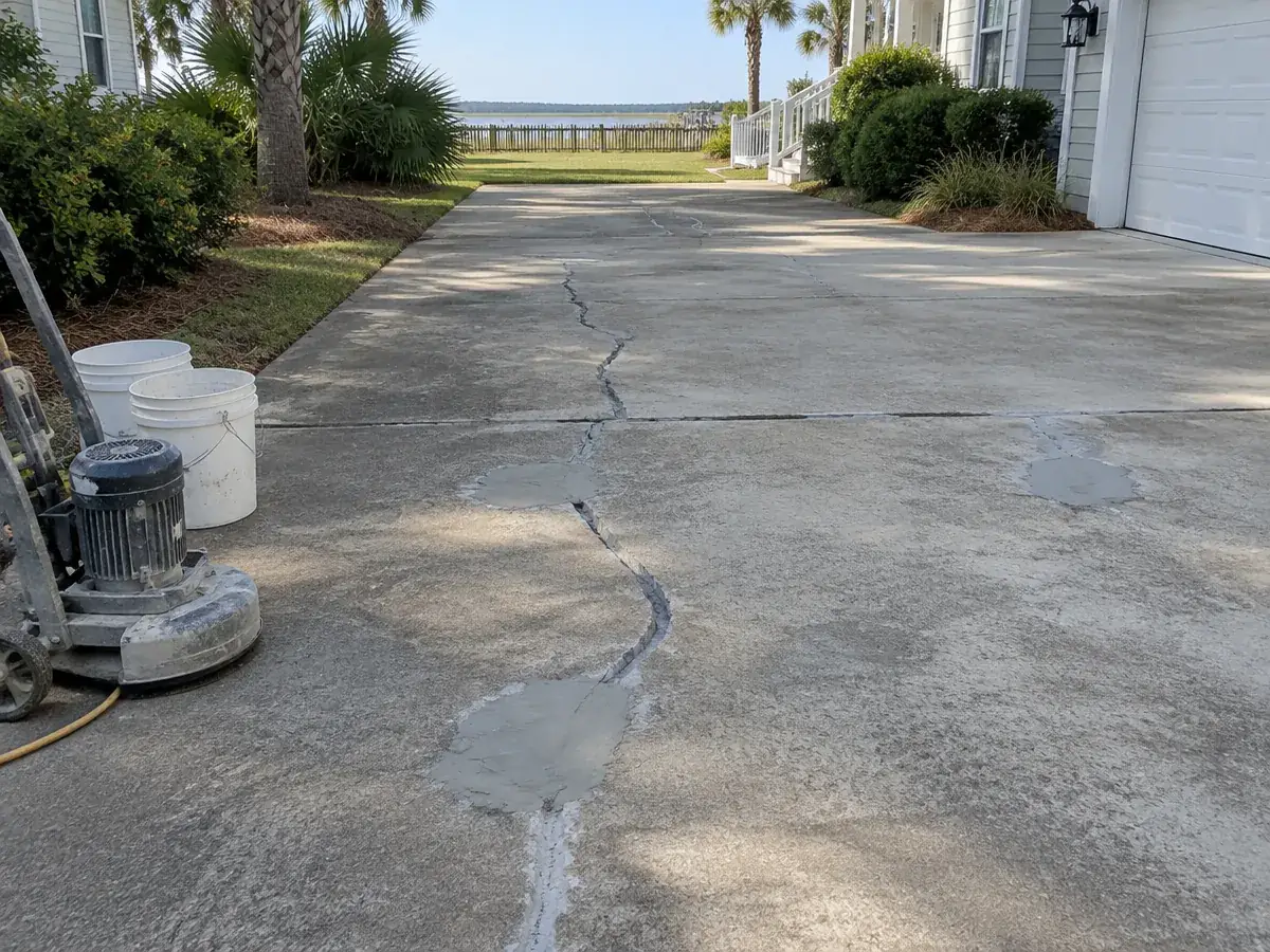 Worn and stained garage slab before concrete floor repair in Myrtle Beach, SC